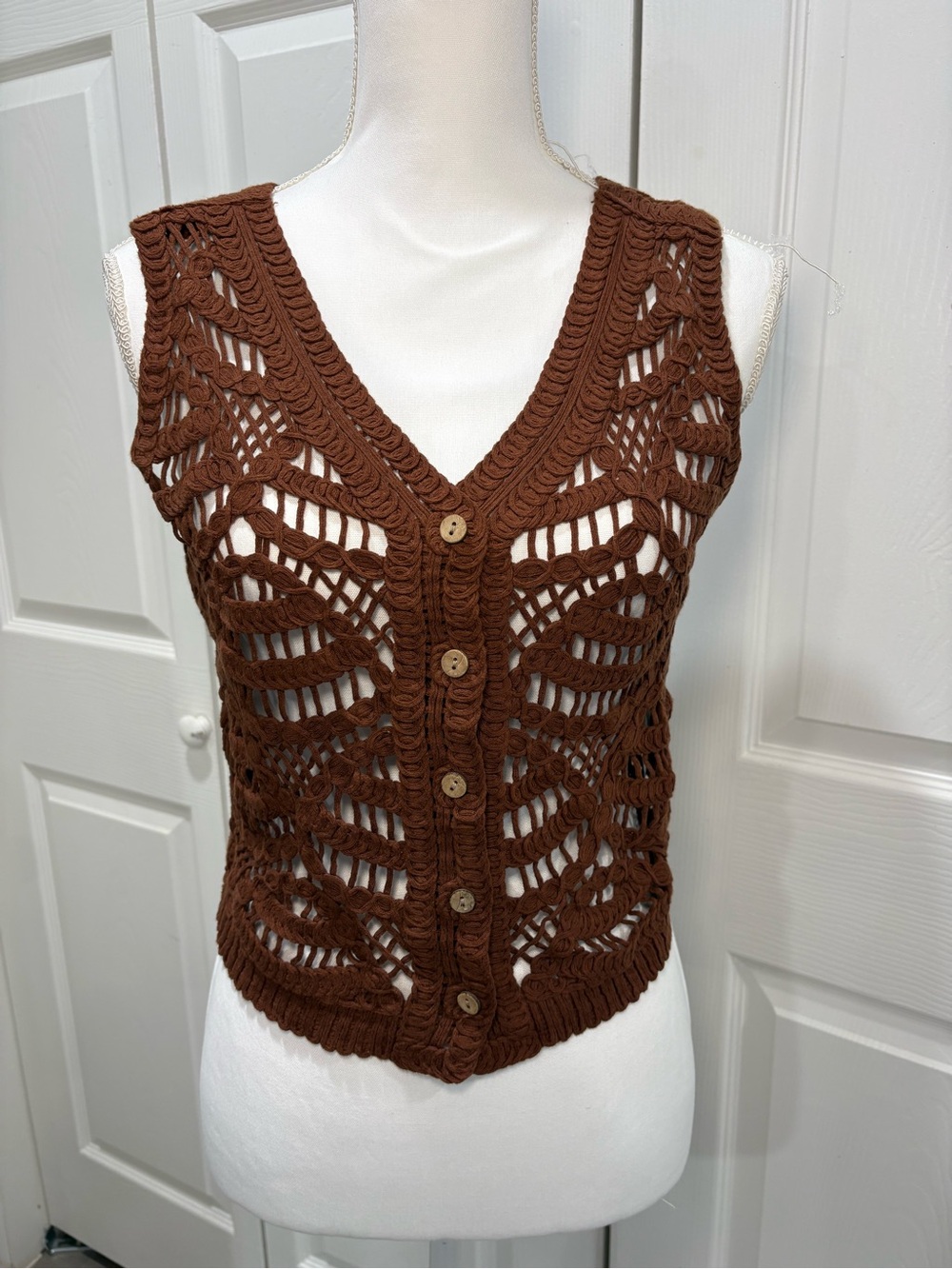 Crochet Button-Front Sleeveless Top - Brown
